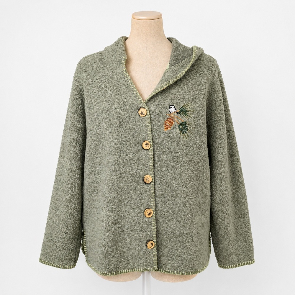 Vintage 90s Embroidered Bird Hooded Cardigan Sz S Sage Green Granola Cottagecore